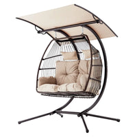 Balancelle extérieure à deux places avec support, chaise suspendue pliable, coussin de hamac et auvent, chaise double en forme d'œuf - Beige