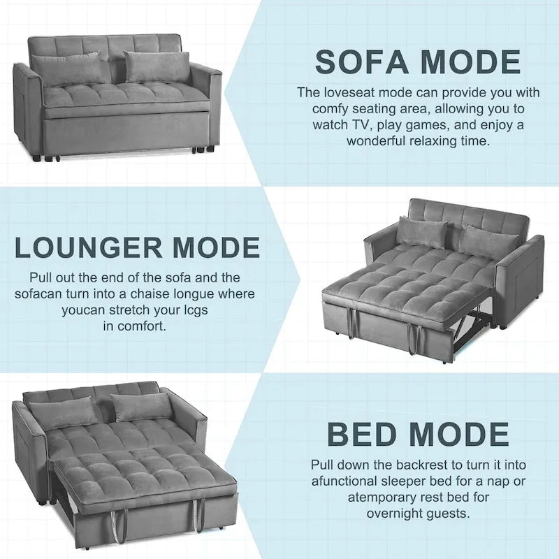 Causeuse de futon moderne en velours avec dossier inclinable et poches, 2 places – Gris foncé / Gris clair / Bleu / Noir
