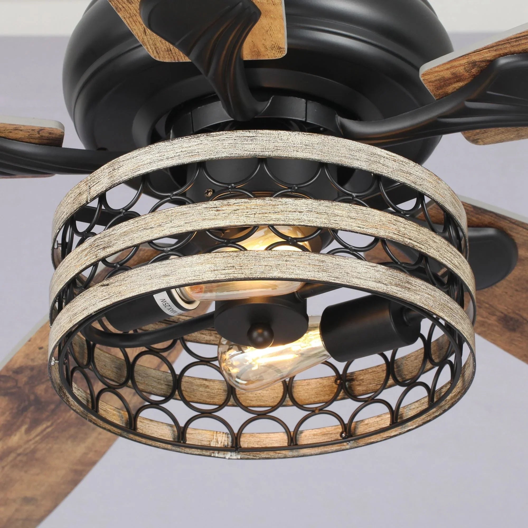 Ventilateur de plafond cage noir 52 style ferme bois flotté 5 pales avec télécommande