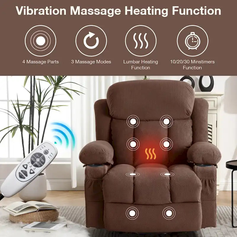 Fauteuil releveur électrique gris avec massage chauffant, charge USB, télécommande et poches latérales pratiques pour seniors