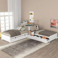 Lit plateforme en L moderne blanc de taille double avec lit gigogne et tiroirs pour chambre à coucher