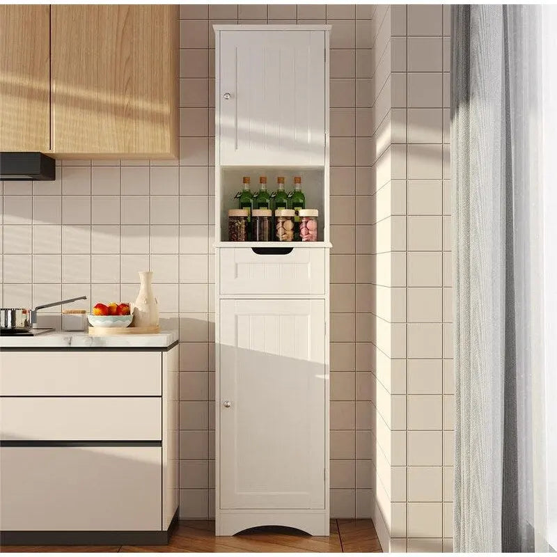 Meuble de salle de bain haut 67 H, tour à linge étroite, meuble de rangement avec 2 portes et tiroir
