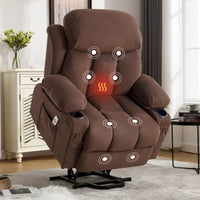 Fauteuil releveur électrique gris avec massage chauffant, charge USB, télécommande et poches latérales pratiques pour seniors