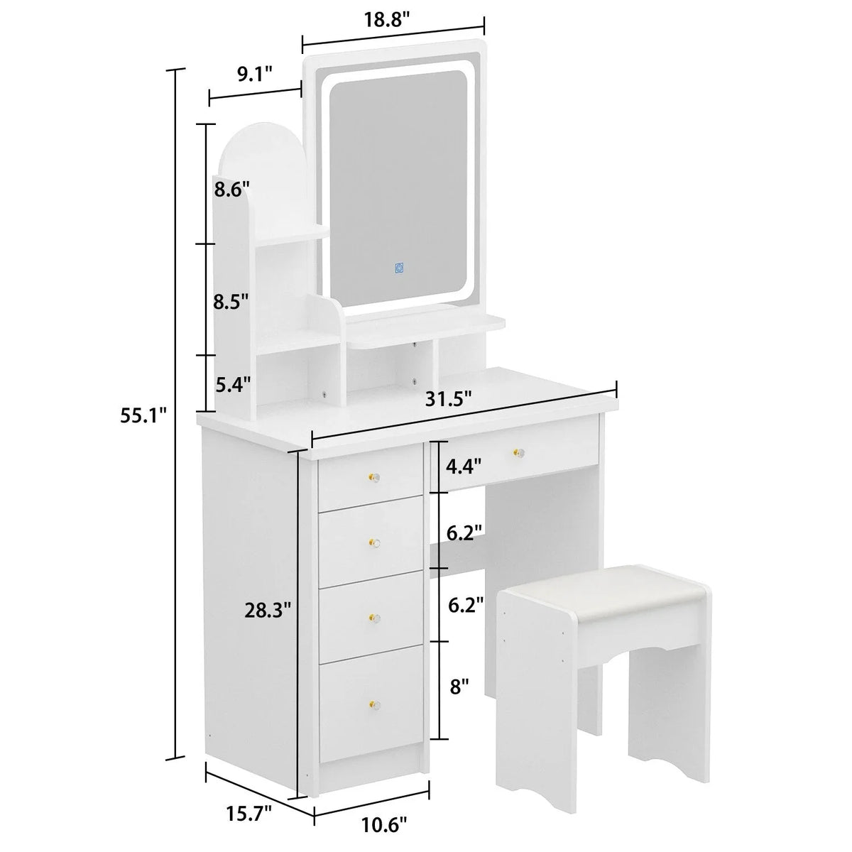 Ensemble coiffeuse table de maquillage avec lumière LED & miroir & tabouret