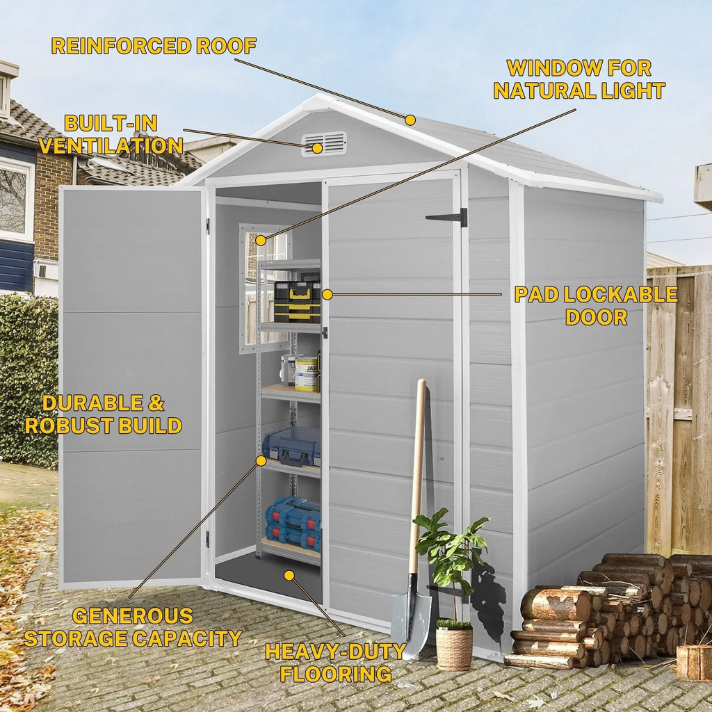Abri de rangement extérieur en résine tout temps 6 pi x 4 pi/6 pi x 8 pi/8 pi x 6 pi/8 pi x 10 pi avec plancher, abri à outils Spire