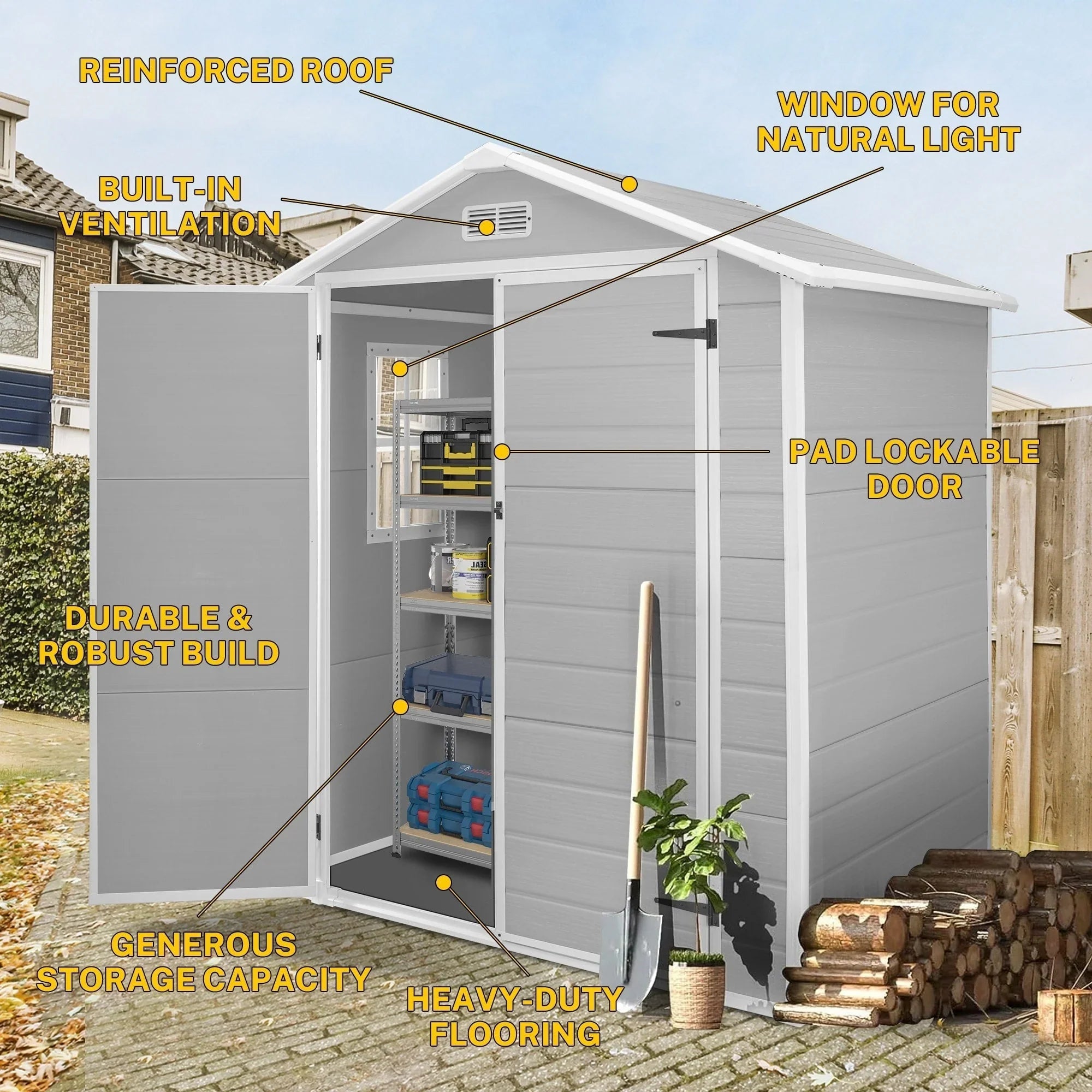 Abri de rangement extérieur en résine tout temps 6 pi x 4 pi/6 pi x 8 pi/8 pi x 6 pi/8 pi x 10 pi avec plancher, abri à outils Spire