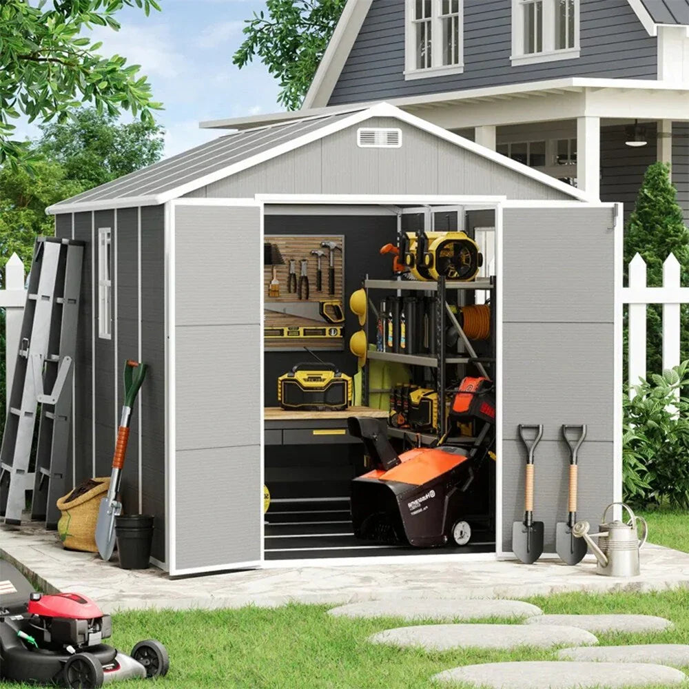 Abri de rangement extérieur en résine tout temps 6 pi x 4 pi/6 pi x 8 pi/8 pi x 6 pi/8 pi x 10 pi avec plancher, abri à outils Spire