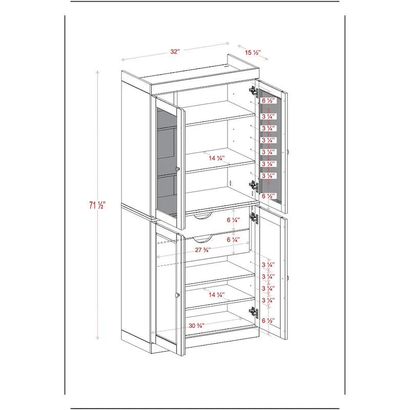 Meuble de rangement en bois massif avec portes en verre dépoli, portes pleines, 2 tiroirs et étagères réglables