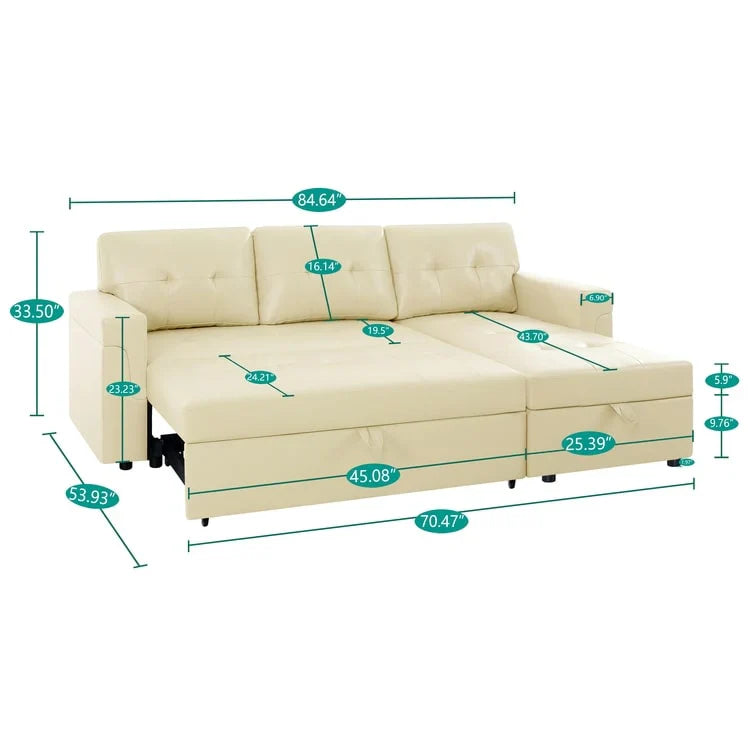 Canapé sectionnel convertible réversible avec lit escamotable, méridienne de rangement dissimulée et pieds durables