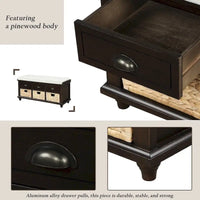 Banc de rangement rustique avec 3 tiroirs et 3 paniers en rotin, banc à chaussures pour salon, entrée