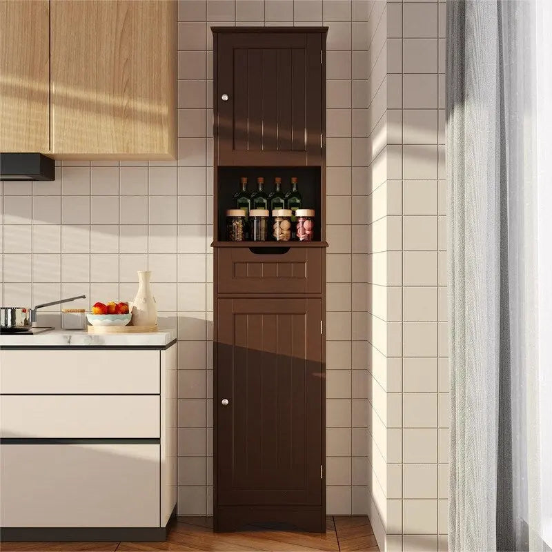 Meuble de salle de bain haut 67 H, tour à linge étroite, meuble de rangement avec 2 portes et tiroir