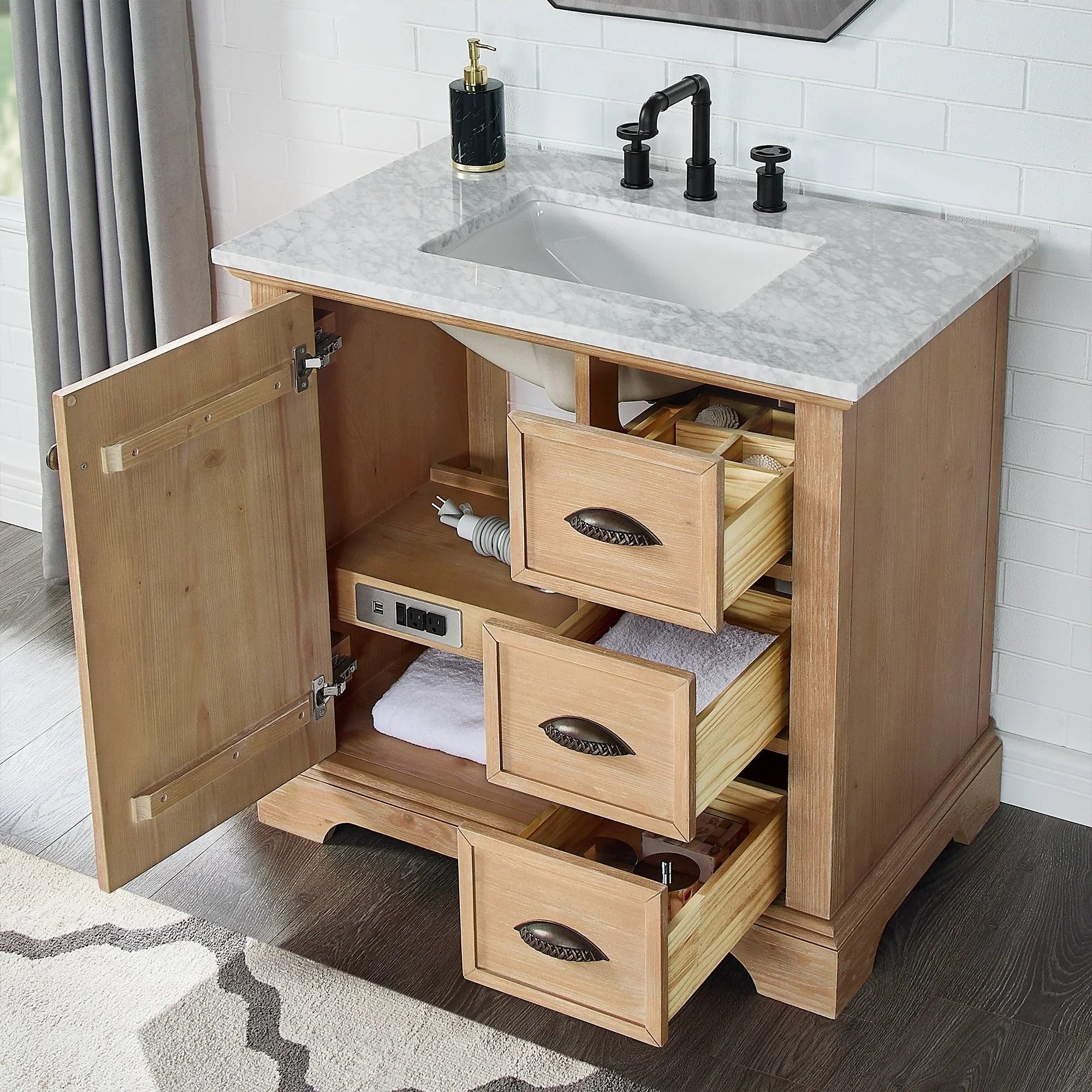 Hervas Meuble-lavabo avec dessus en marbre naturel sans miroir