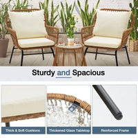 Ensemble de bistro 3 pièces pour terrasse, salon de jardin en rotin tressé avec table en verre et 2 fauteuils larges, coussins d'assise