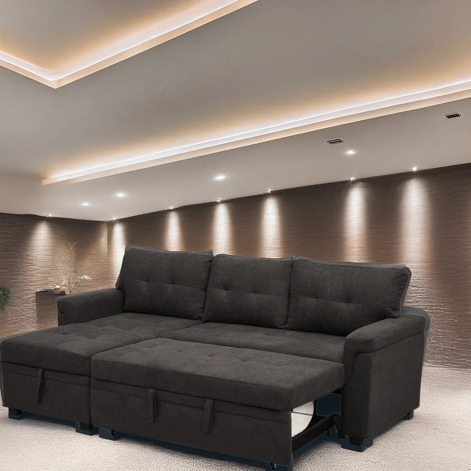 Canapé sectionnel réversible avec lit escamotable, méridienne de rangement dissimulée, pieds durables,