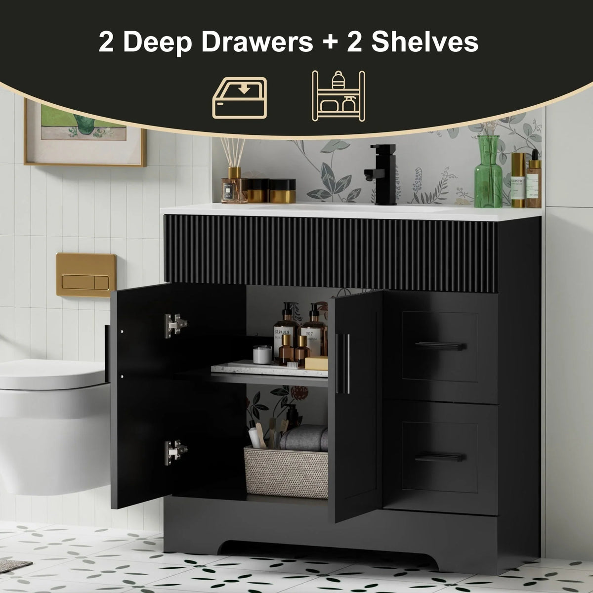 Wavy Line Ensemble meuble-lavabo de salle de bain 30/36/48 avec vasque & robinet