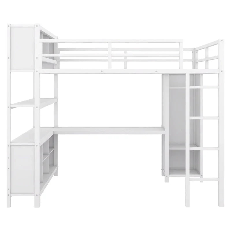 Lit mezzanine en métal blanc cassé avec bureau et armoire - Grand lit