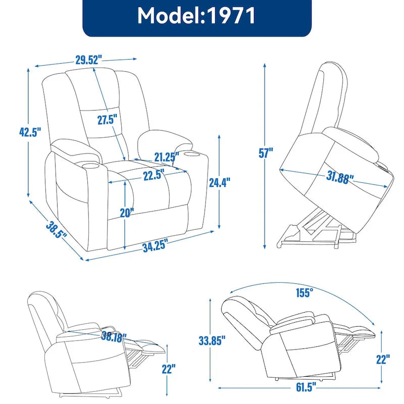 Fauteuil releveur électrique avec massage et chauffage, fauteuils inclinables larges rembourrés Lazy Boy avec USB, ports Type C et 2 porte-gobelets en acier