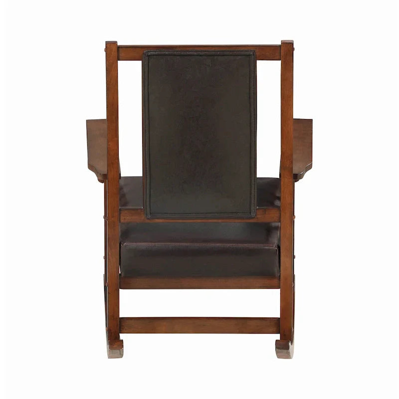 Chaise berçante de style Mission, assise et dossier rembourrés en cuir, tabac et brun foncé