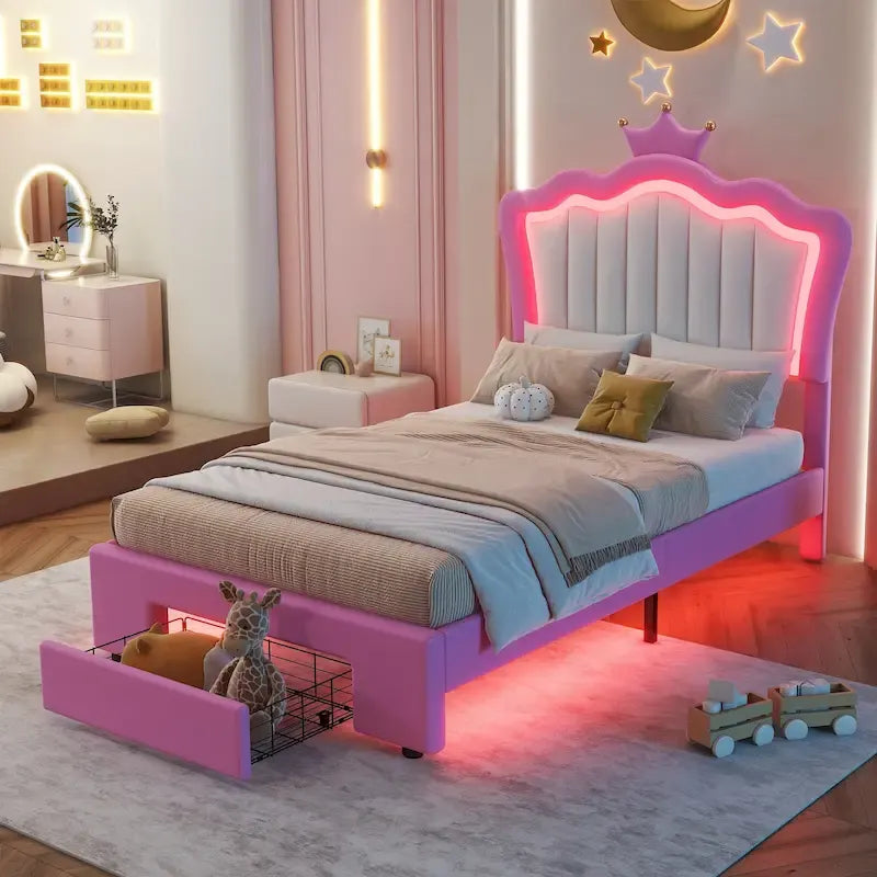 Cadre de lit simple rembourré avec éclairage LED, lit de princesse moderne à tête de lit en couronne, un tiroir, rose+blanc
