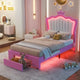 Cadre de lit simple rembourré avec éclairage LED, lit de princesse moderne à tête de lit en couronne, un tiroir, rose+blanc