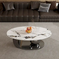 Table basse ovale moderne Pandora 51 avec plateau en pierre frittée brillante, table basse de luxe, pieds en acier inoxydable pour salon