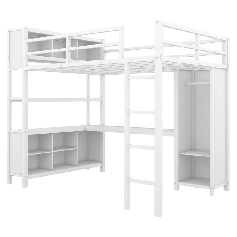 Lit mezzanine en métal blanc cassé avec bureau et armoire - Grand lit