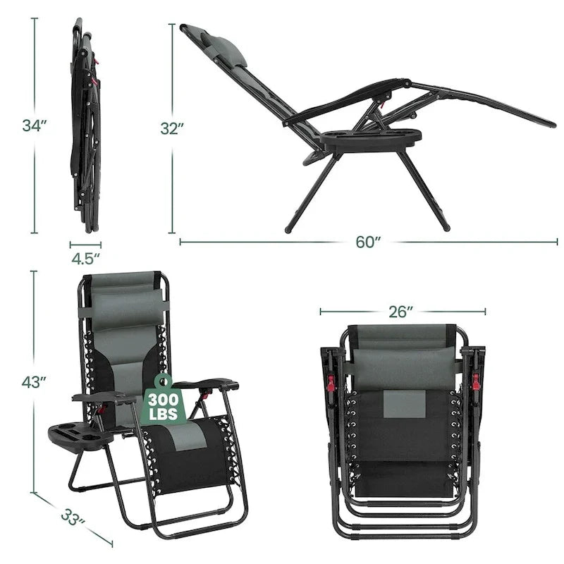 Yaheetech Lot de 2 chaises zéro gravité d'extérieur rembourrées 26in, chaise longue de patio de camping avec accoudoirs et oreiller