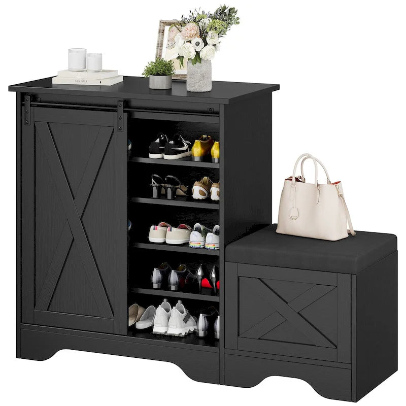 Meuble à chaussures farmhouse avec porte coulissante, banc à chaussures, meuble de rangement à 5 niveaux avec étagères réglables pour 20 paires