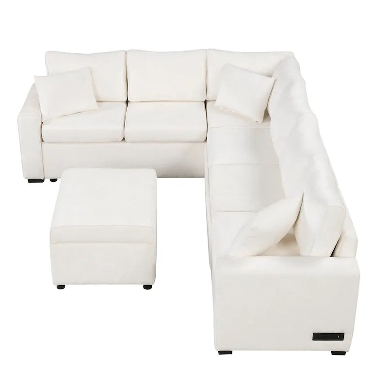 Canapé sectionnel en chenille avec canapé-lit escamotable, canapé-lit en forme de L avec ottoman de rangement, 3 coussins et prises de charge