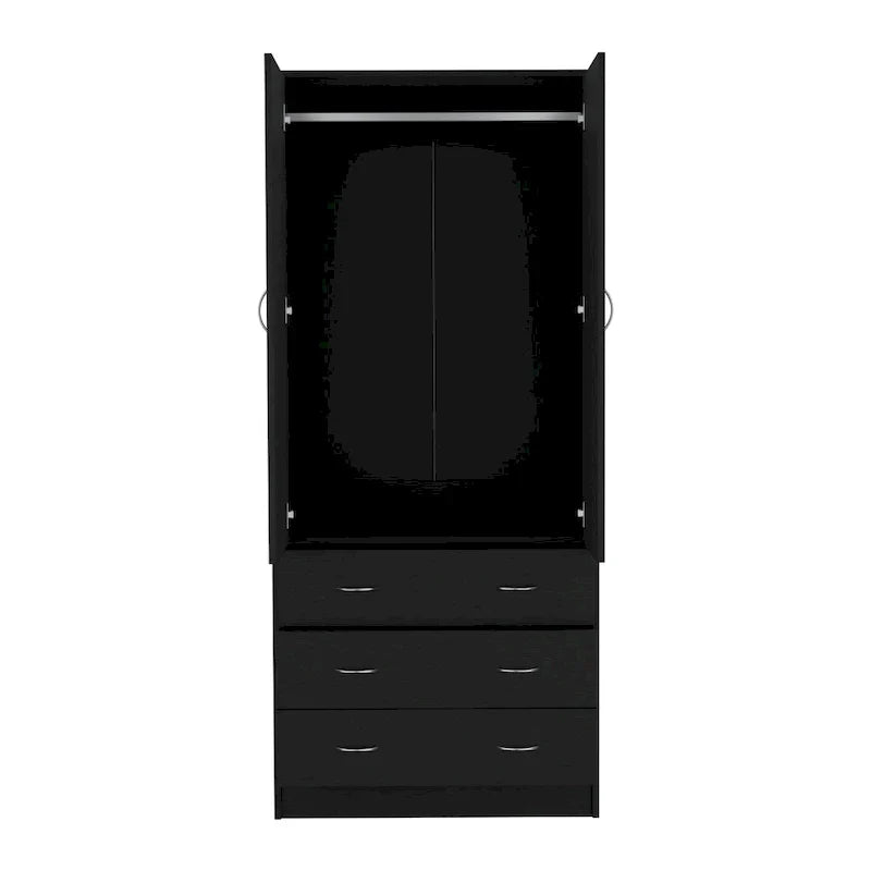 19 Armoire moderne à deux portes avec 3 tiroirs et 1 tringle de penderie pour chambre à coucher