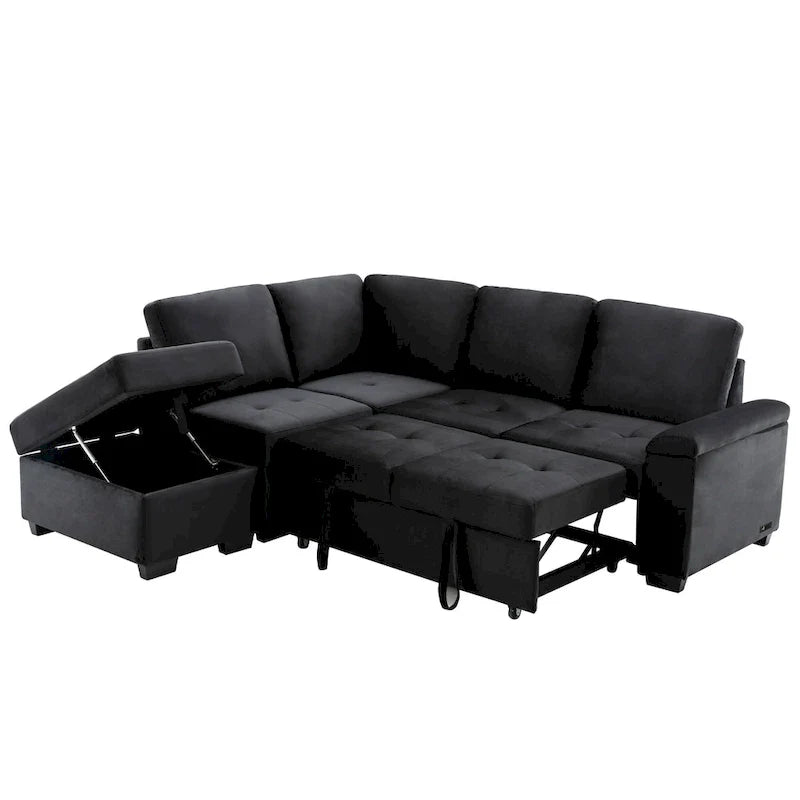 Canapé d'angle convertible 5 places en L 84,75 po avec pouf de rangement, rangement de bras dissimulé et chargement USB pour salon