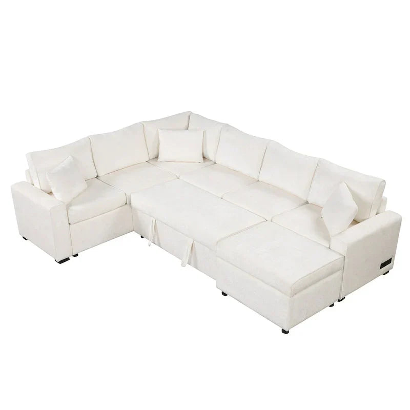 Canapé sectionnel en chenille avec canapé-lit escamotable, canapé-lit en forme de L avec ottoman de rangement, 3 coussins et prises de charge