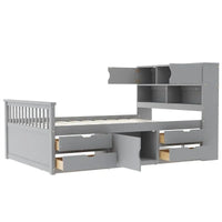 Lit plateforme capitaine double/grand avec 4 tiroirs et étagères de rangement, cadre de lit en bois massif avec tête de lit bibliothèque de rangement