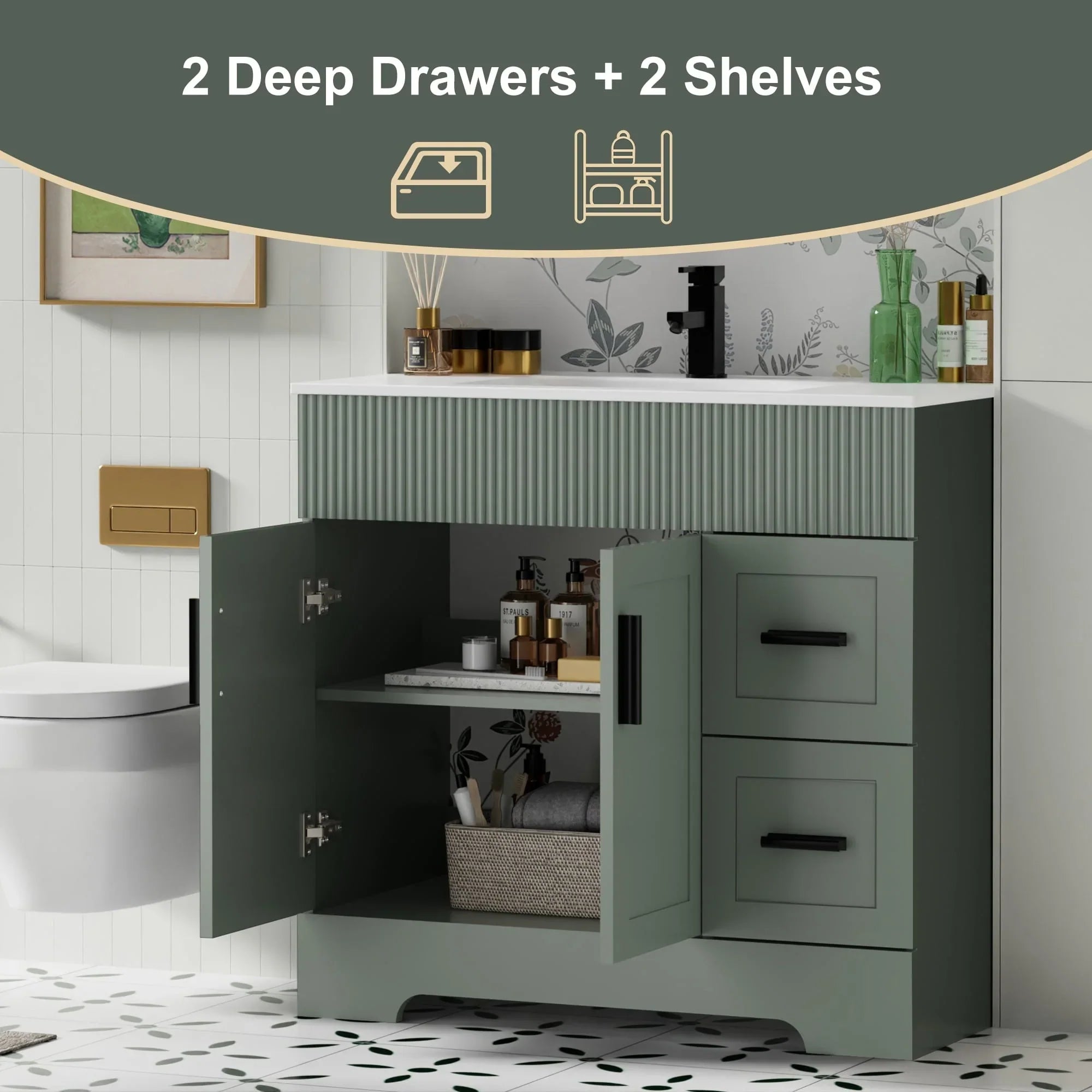 Wavy Line Ensemble meuble-lavabo de salle de bain 30/36/48 avec vasque & robinet