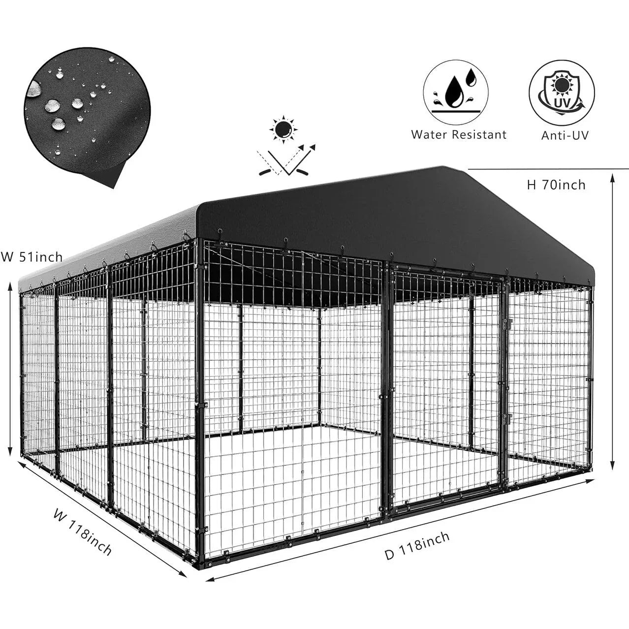 Grand chenil d'extérieur pour chien L 118 x P 118 x H 70, cage robuste pour chien avec toit imperméable