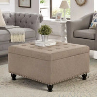 Grand pouf de rangement carré avec pieds en bois