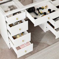 Coiffeuse de maquillage avec miroir triptyque, certifiée, éclairage, dessus en verre, commode