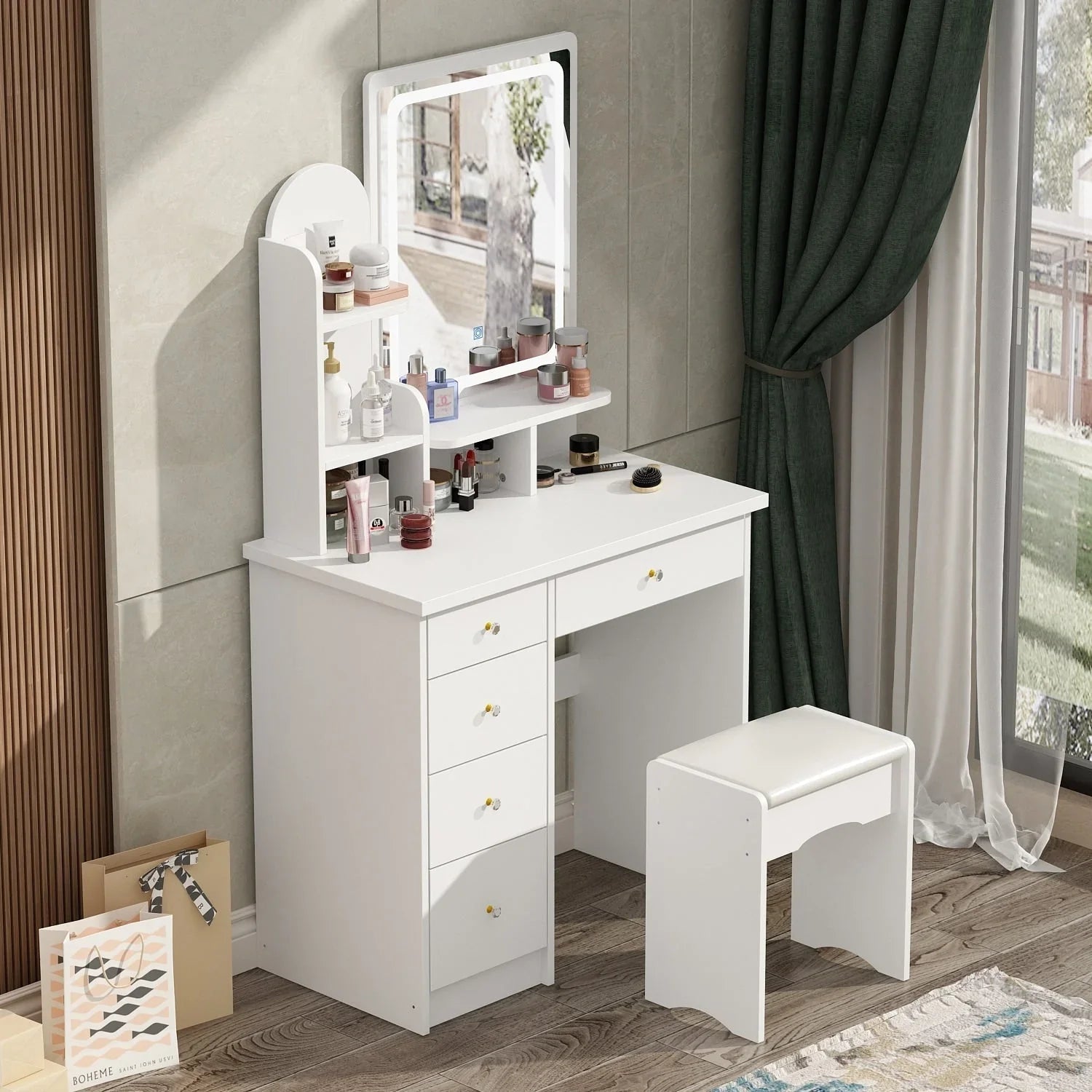 Ensemble coiffeuse table de maquillage avec lumière LED & miroir & tabouret