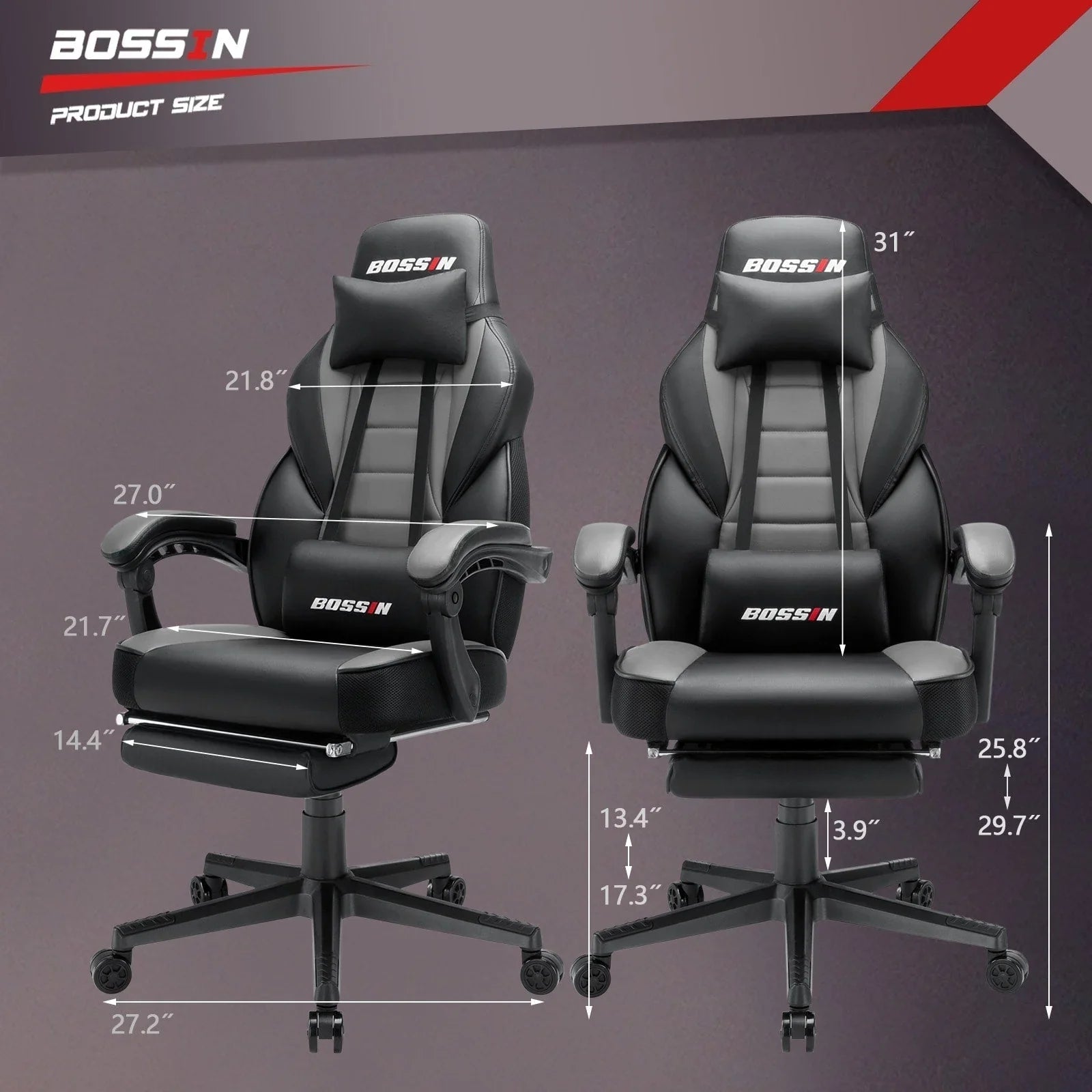 BOSSIN Chaise de gaming style racing, chaise de gamer grande et haute 300 lb à dossier haut chaise informatique