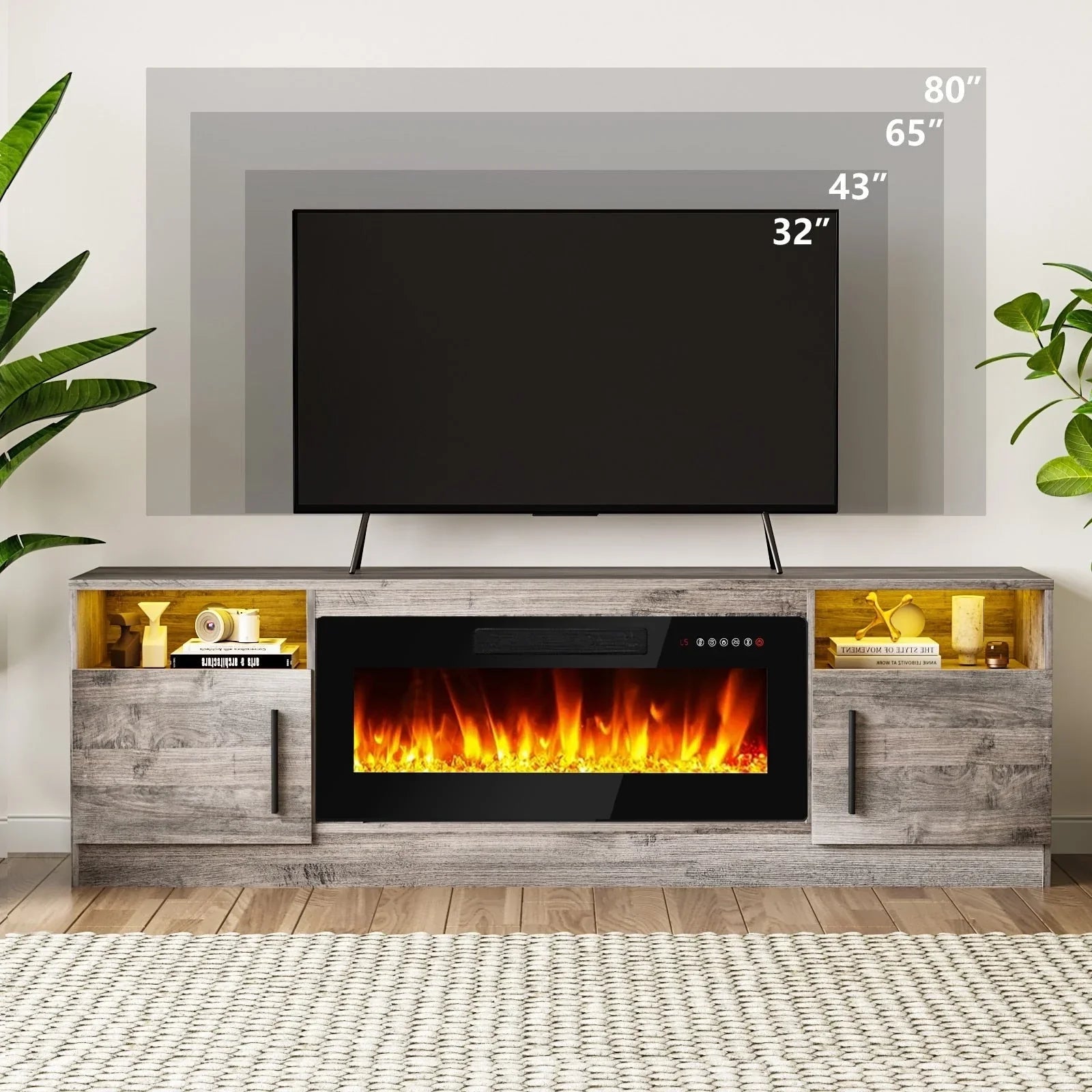 Bossin Meuble TV avec foyer 70 avec foyer électrique 36, meuble TV pour téléviseurs jusqu'à 80, LED 16 couleurs/meuble de divertissement