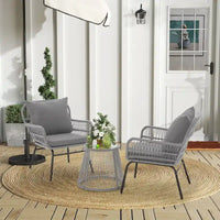 Ensemble de bistro 3 pièces pour terrasse, salon de jardin en rotin tressé avec table en verre et 2 fauteuils larges, coussins d'assise