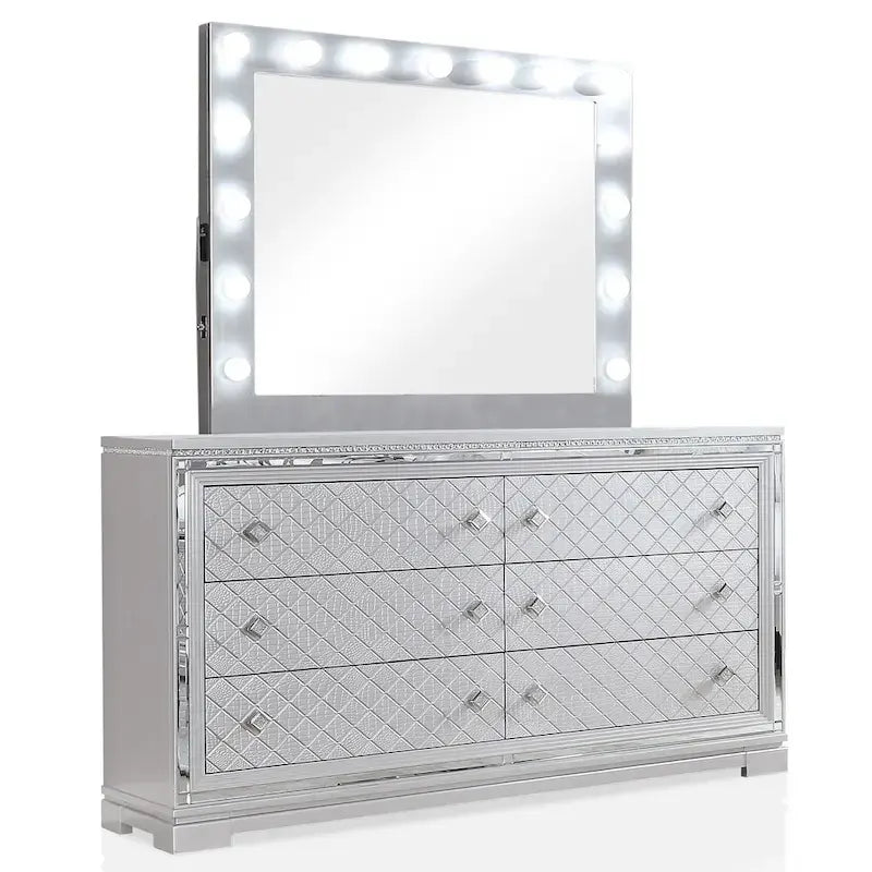 Seleena Glam Ensemble de chambre 5 pièces à panneaux capitonnés en bois argenté avec port USB par Furniture of America
