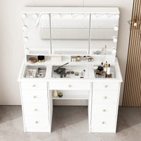 Coiffeuse de maquillage avec miroir triptyque, certifiée, éclairage, dessus en verre, commode
