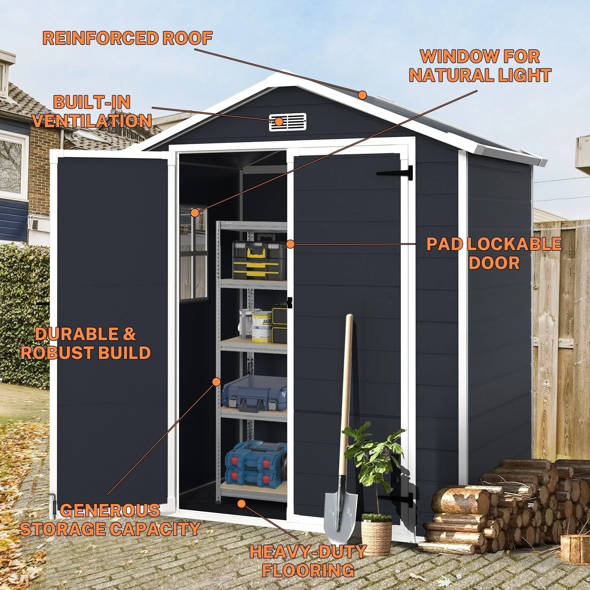 Abri de rangement extérieur en résine tout temps 6 pi x 4 pi/6 pi x 8 pi/8 pi x 6 pi/8 pi x 10 pi avec plancher, abri à outils Spire