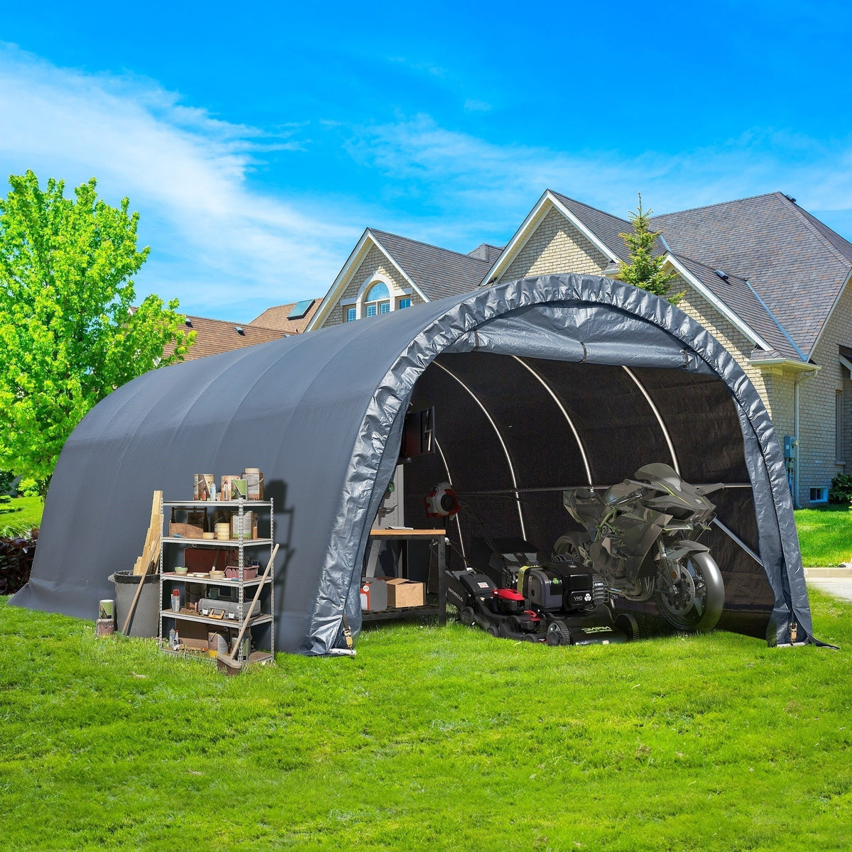 Abri de rangement extérieur et auvent carport : abri portable pour vélos, motos et rangement de jardin