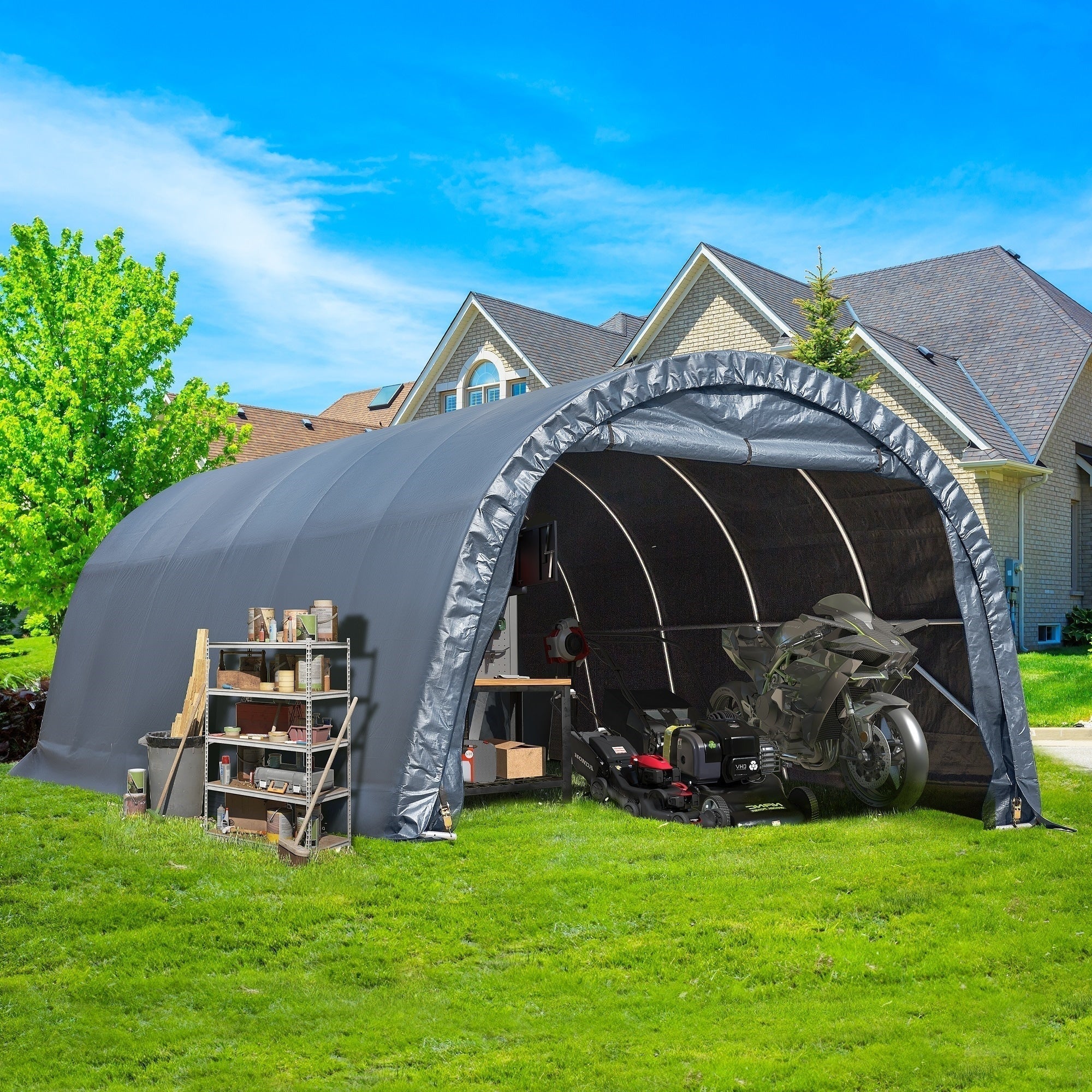 Abri de rangement extérieur et auvent carport : abri portable pour vélos, motos et rangement de jardin