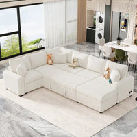 Canapé sectionnel en chenille avec canapé-lit escamotable, canapé-lit en forme de L avec ottoman de rangement, 3 coussins et prises de charge