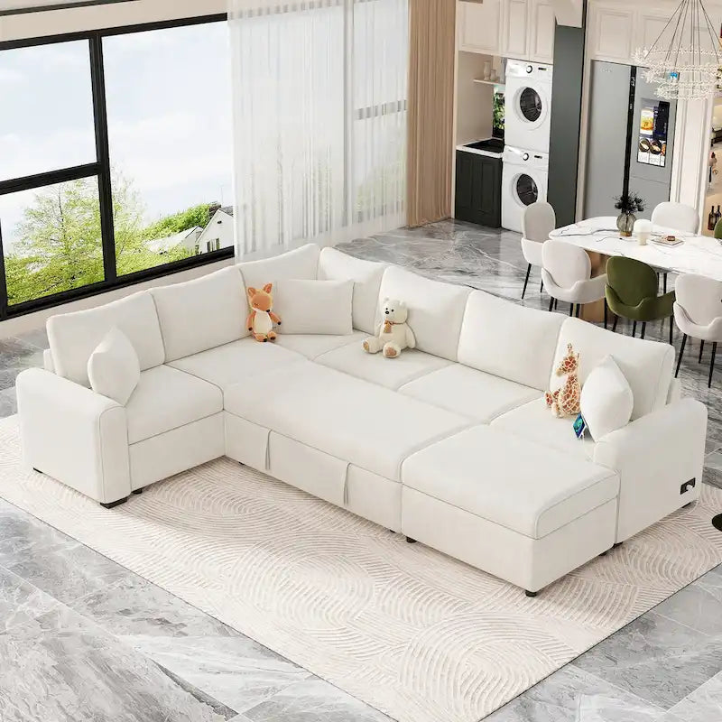 Canapé sectionnel en chenille avec canapé-lit escamotable, canapé-lit en forme de L avec ottoman de rangement, 3 coussins et prises de charge