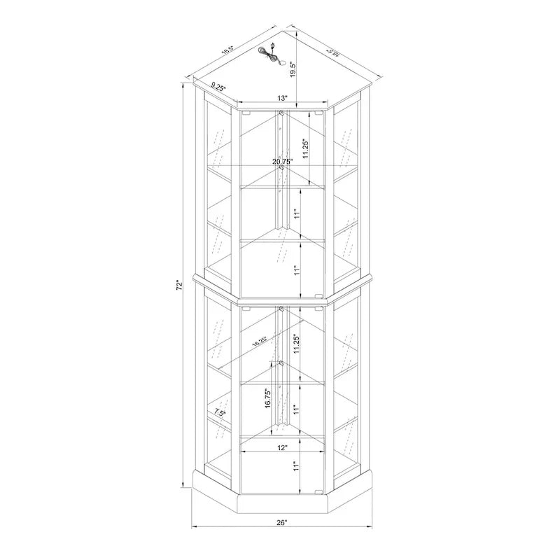 Vitrine d'angle à 6 étagères avec lumières, miroirs et étagères réglables, merisier