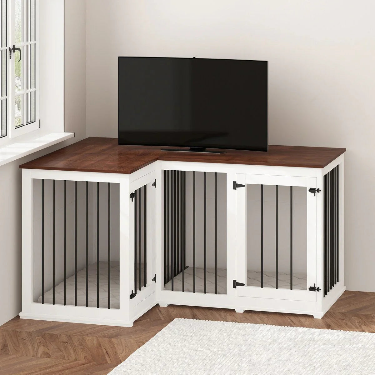 Grand meuble cage d'angle pour chien pour 2 chiens, cage pour chien en forme de L - 58.7X41.1